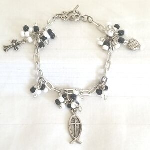 Silver Black White Glass Bead Cross Charm Bracelet